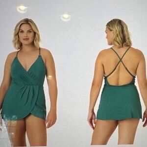 Anne Cole Live In Color Swim Dress With Skirted Bottom-Green